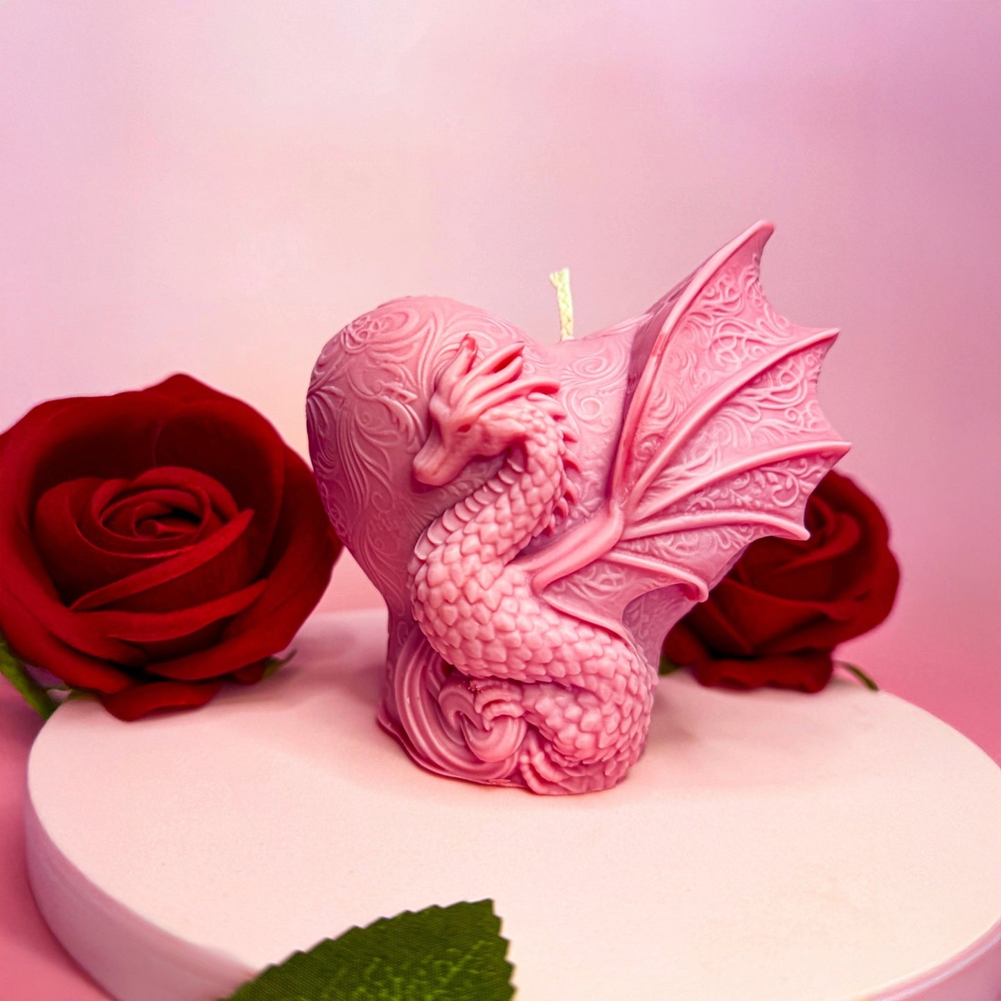 Close-up of Valentine’s Guardian dragon heart candle handmade in Norway.
