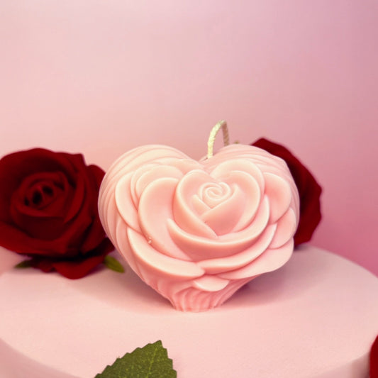 Handmade soy wax rose heart candle with detailed rose petals, romantic home décor.