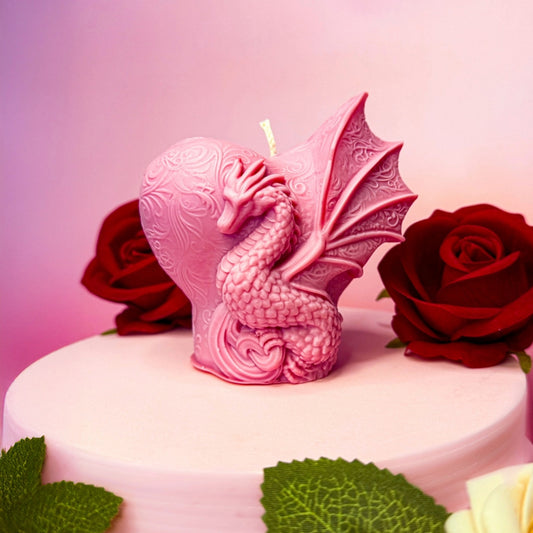 Handmade Valentine’s Guardian soy candle with detailed dragon wings and heart.