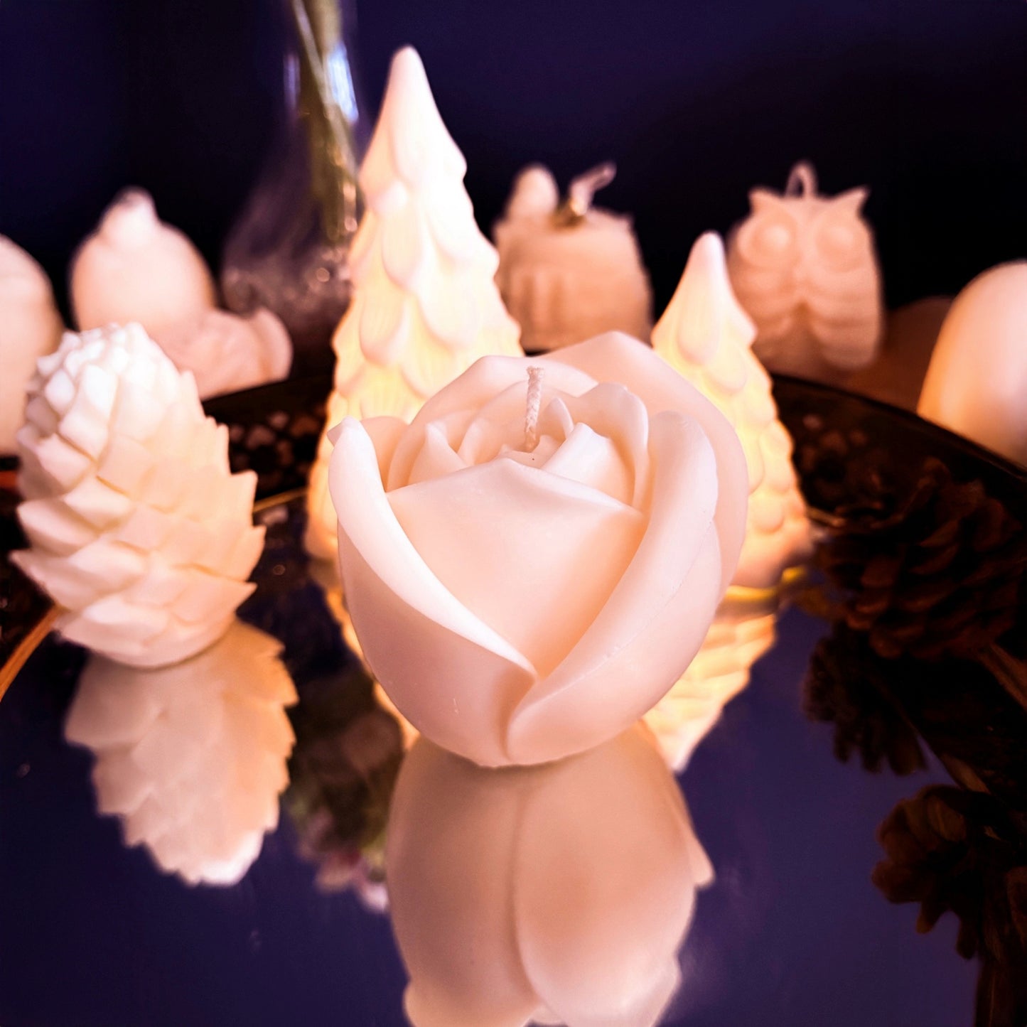 Handmade large rose-shaped candle made from natural soy wax, elegant sculpted flower design with smooth matte finish, decorative floral candle for refined home decor.