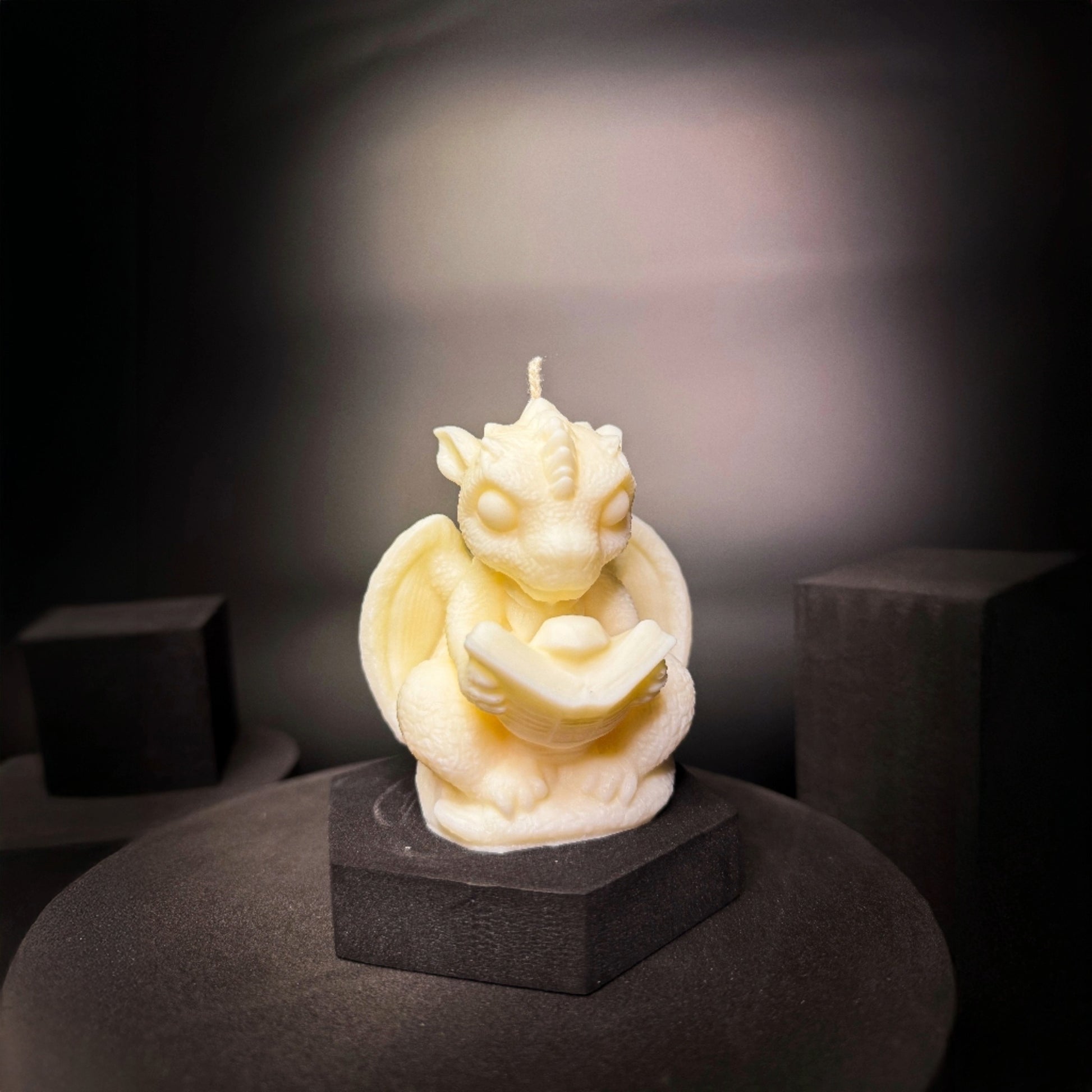 Fantasy dragon candle with book detail, aesthetic decorative soy wax candle for cozy interior styling.