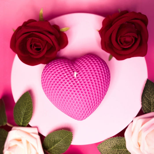 Textured heart candle made from soy wax styled for Valentine’s Day décor.