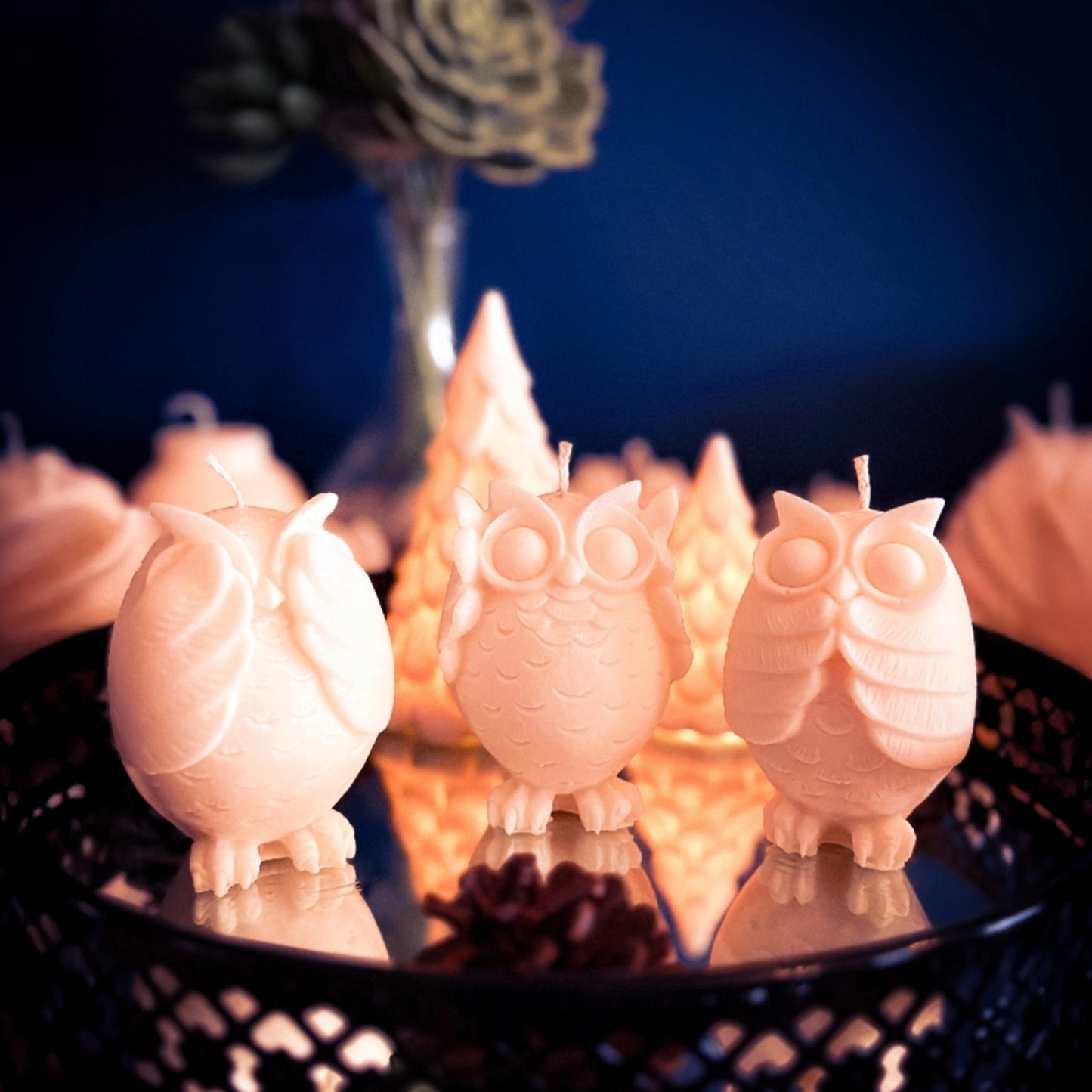 Owl trio soy wax candles handmade in Norway, three small owl-shaped decorative candles displayed together as a set.