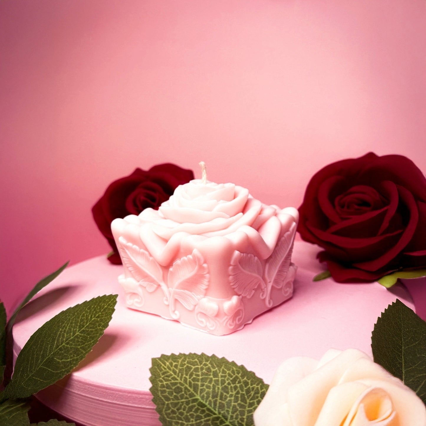 Handmade Rose gift candle in soy wax with floral relief details, styled for Valentine’s Day.