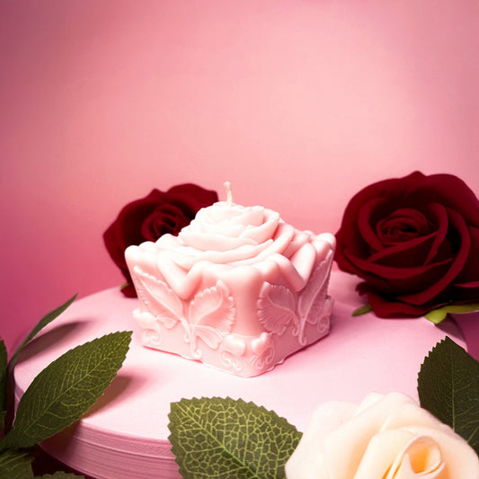 Handmade Rose gift candle in soy wax with floral relief details, styled for Valentine’s Day.