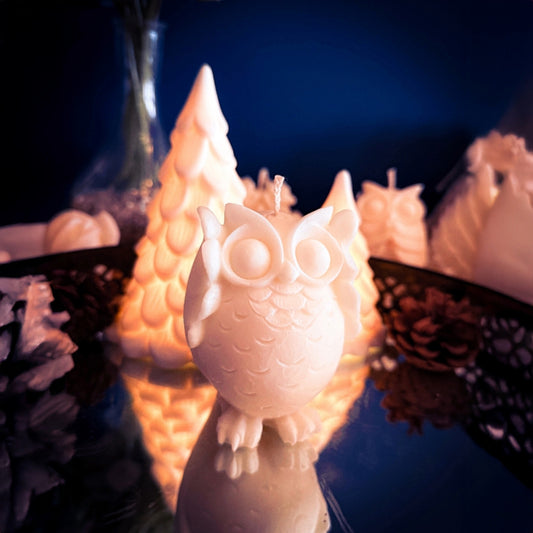 Handmade playful owl candle in soy wax, part of the owl trio collection.