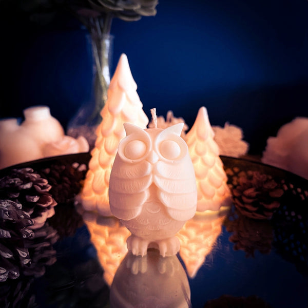 Handmade soy wax owl candle with surprised expression, The Shocked Owl decorative candle.