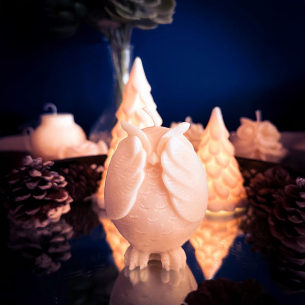 The Shy Owl soy wax candle, handmade decorative owl candle, part of the Owl Trio,