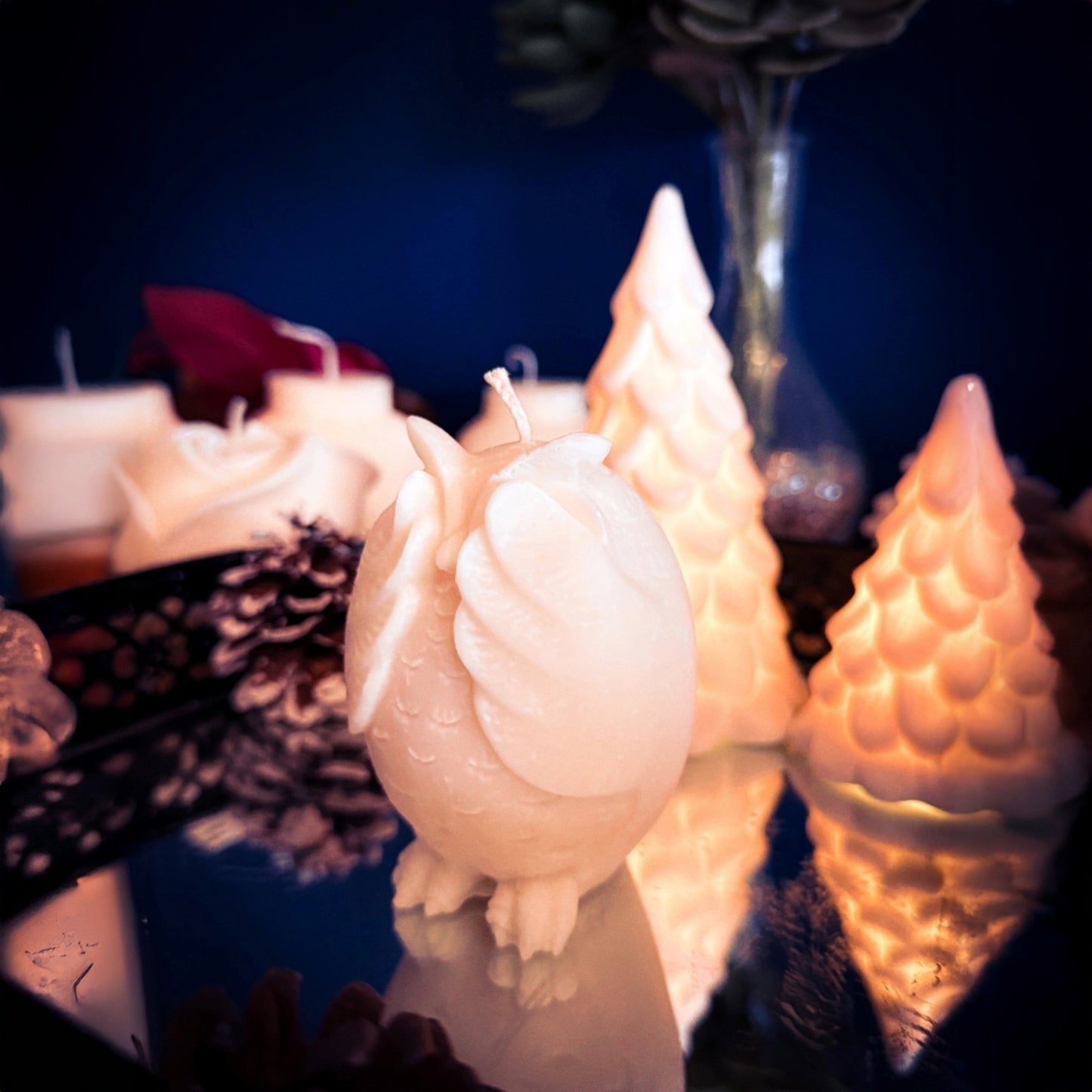 Handmade owl candle from the Owl Trio, minimalist and cozy interior styling.